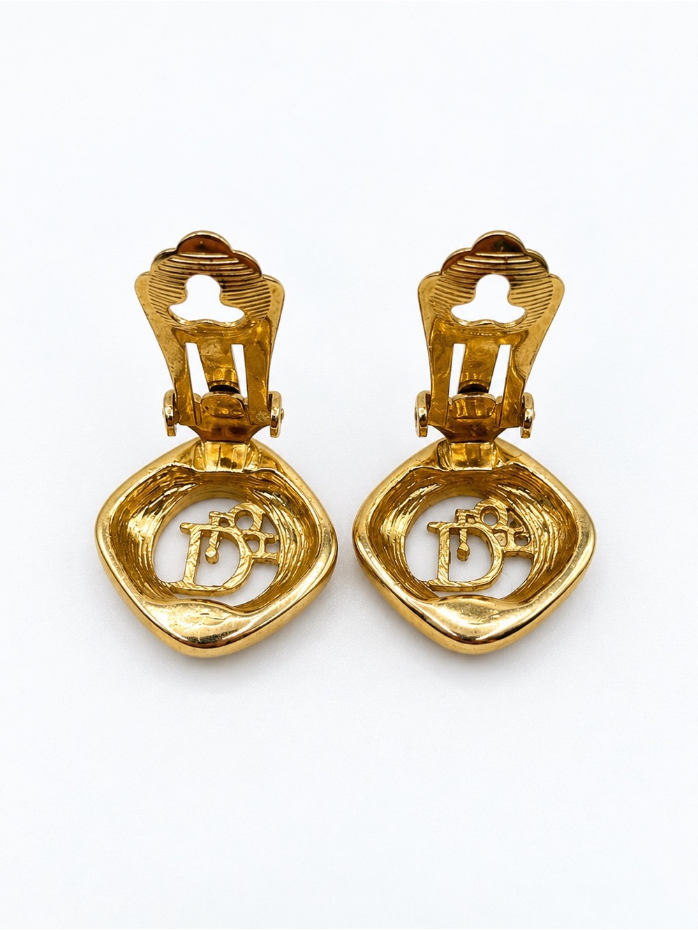 Christian Dior Earrings Vtg CD Logo Gold Plated Clip 1980s Rhinestone Germany - Picture 7 of 9
